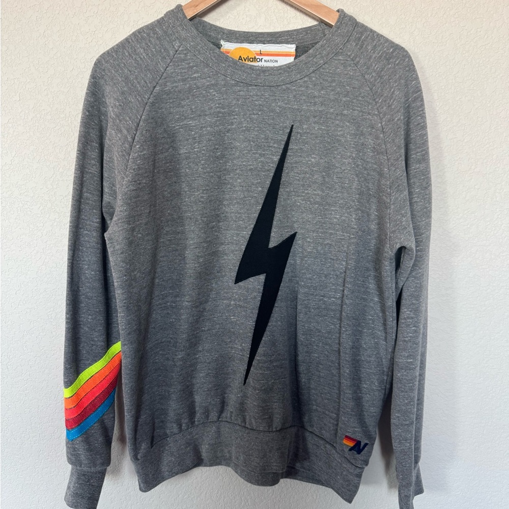 Aviator Nation Gray Sweater with Rainbow Stripes